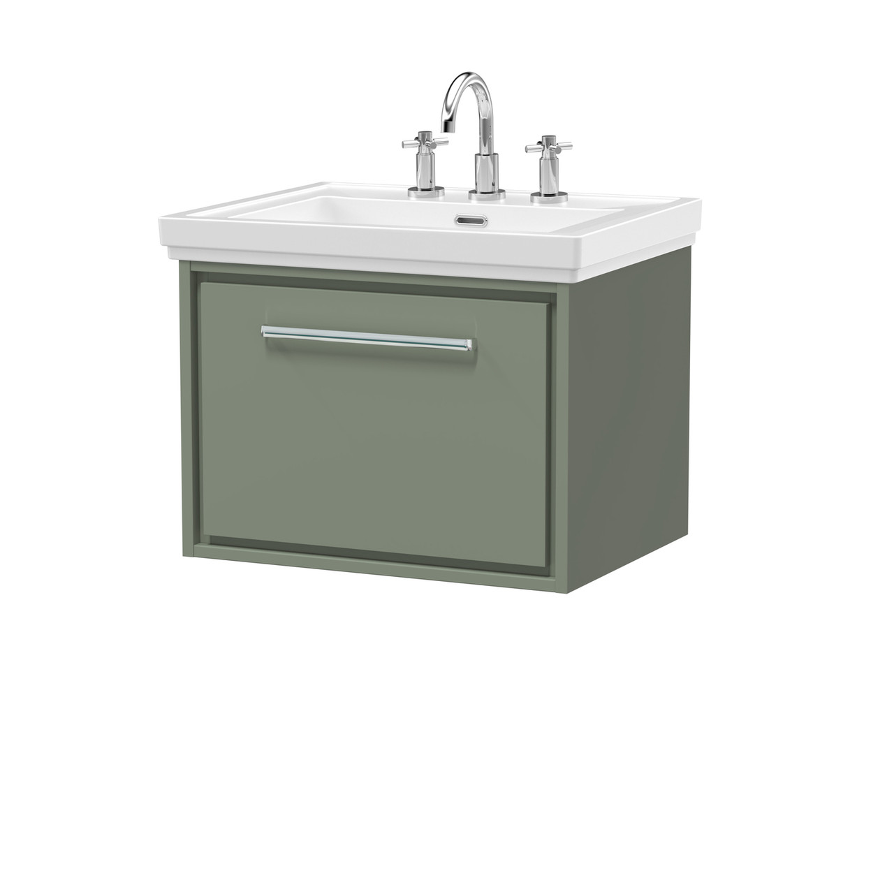 Hudson Reed Lille Matt Wall Hung Single Drawer Vanity Unit and Classic 3 Tap Hole Fireclay Basin