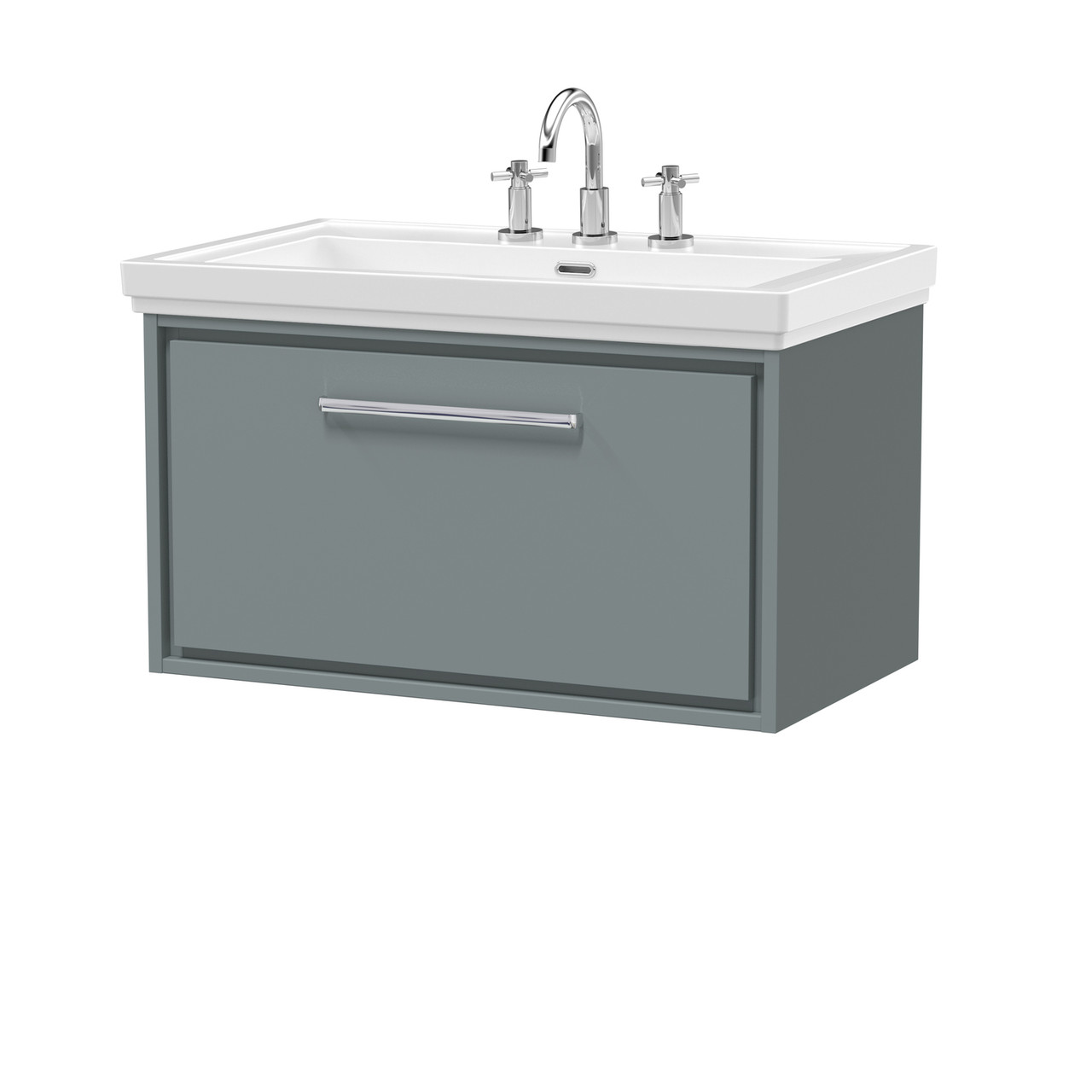 Hudson Reed Lille Matt Wall Hung Single Drawer Vanity Unit and Classic 3 Tap Hole Fireclay Basin