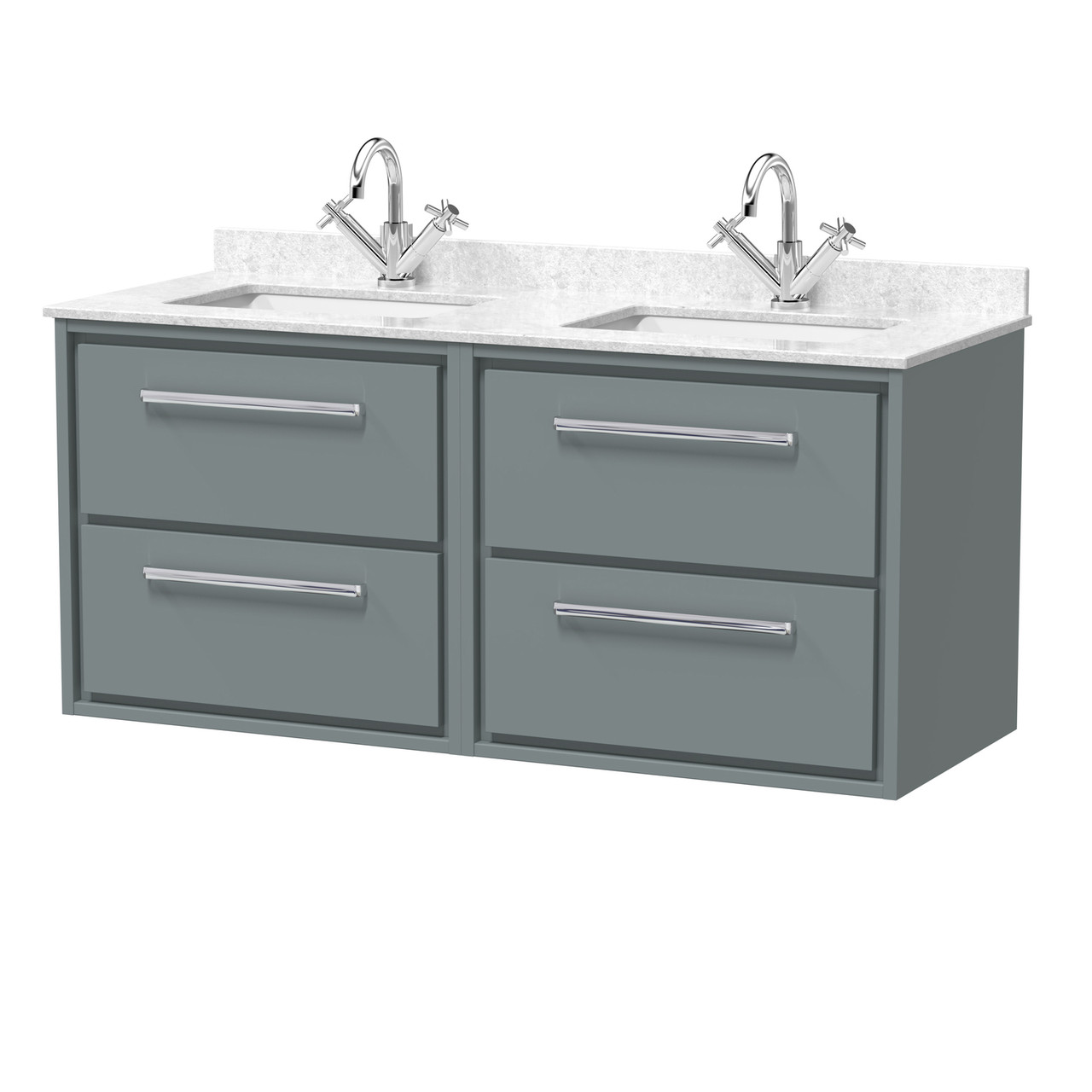 Hudson Reed Lille Matt Wall Hung 2 Drawer Vanity Unit with White Marble Countertop and 2 Square Ceramic Basins