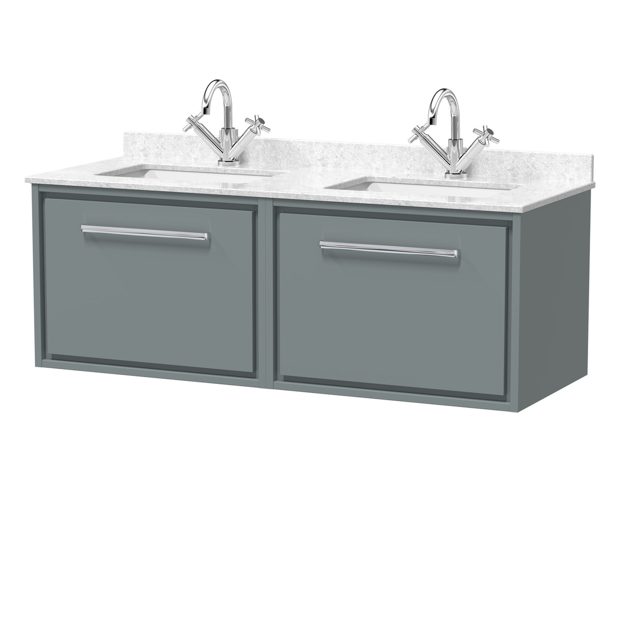 Hudson Reed Lille Matt Wall Hung Single Drawer Vanity Unit with White Marble Countertop and 2 Square Ceramic Basins