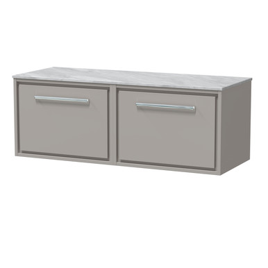 Hudson Reed Pebble Grey Lille Matt Wall Hung 2 Drawer Vanity Unit With Grey Marble Worktop | | Mfc | 1200Mm