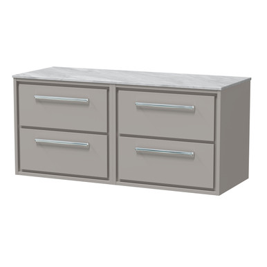 Hudson Reed Pebble Grey Lille Matt Wall Hung 4 Drawer Vanity Unit With Grey Marble Worktop | | Mfc | 1200Mm