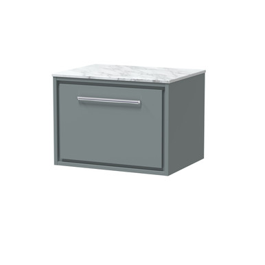 Hudson Reed Coastal Grey Lille Matt Wall Hung Single Drawer Vanity Unit With Carrera Marble Worktop | | Mfc | 600Mm