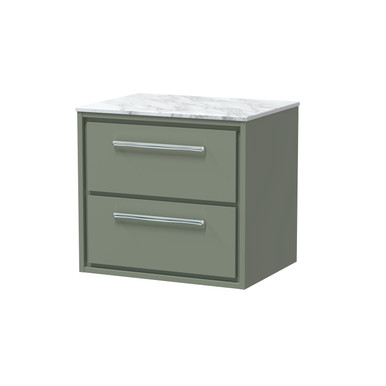 Hudson Reed Fern Green Lille Matt Wall Hung 2 Drawer Vanity Unit With Carrera Marble Worktop | | Mfc | 600Mm