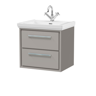 Hudson Reed Pebble Grey Lille Matt Wall Hung 2 Drawer Vanity Unit And Classic Fireclay Basin | | Mfc | 600Mm