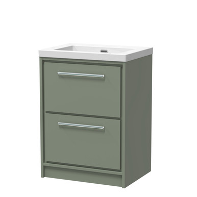 Hudson Reed Fern Green Lille Matt 2 Drawer Vanity Unit And Minimalist Fireclay Basin | | Mfc | 600Mm