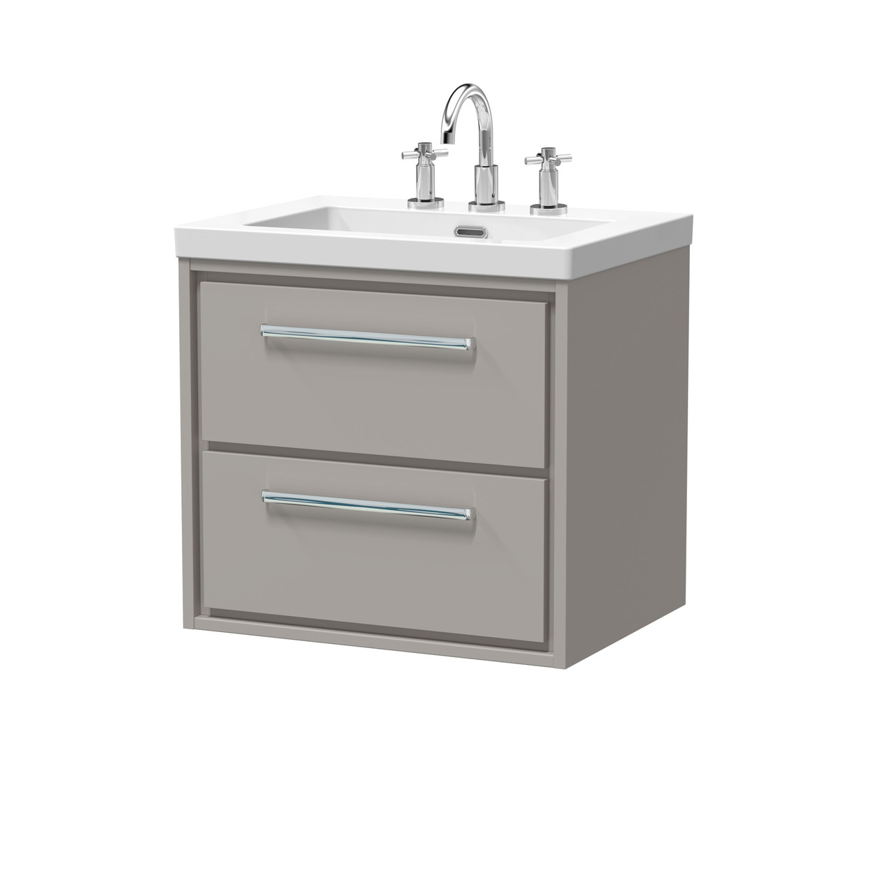 Hudson Reed Lille Matt Wall Hung 2 Drawer Vanity Unit and Minimalist 3 Tap Hole Fireclay Basin