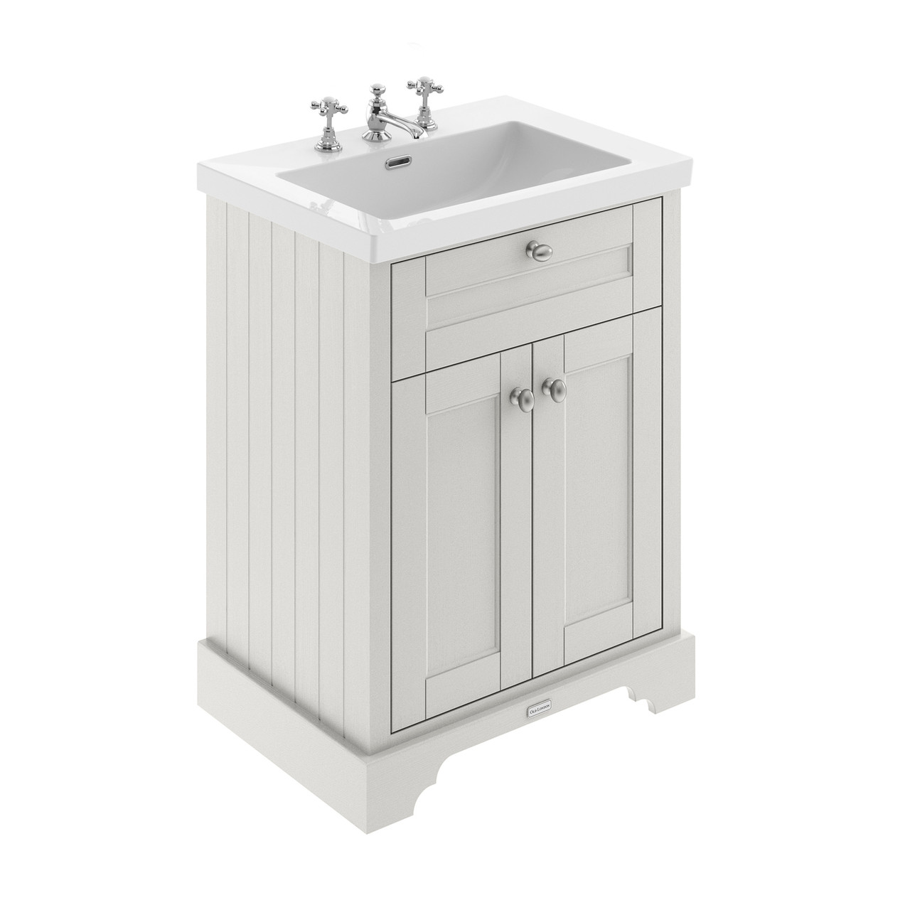 Old London Woodgrain 2 Door Vanity Unit and Minimalist 3 Tap Hole Fireclay Basin