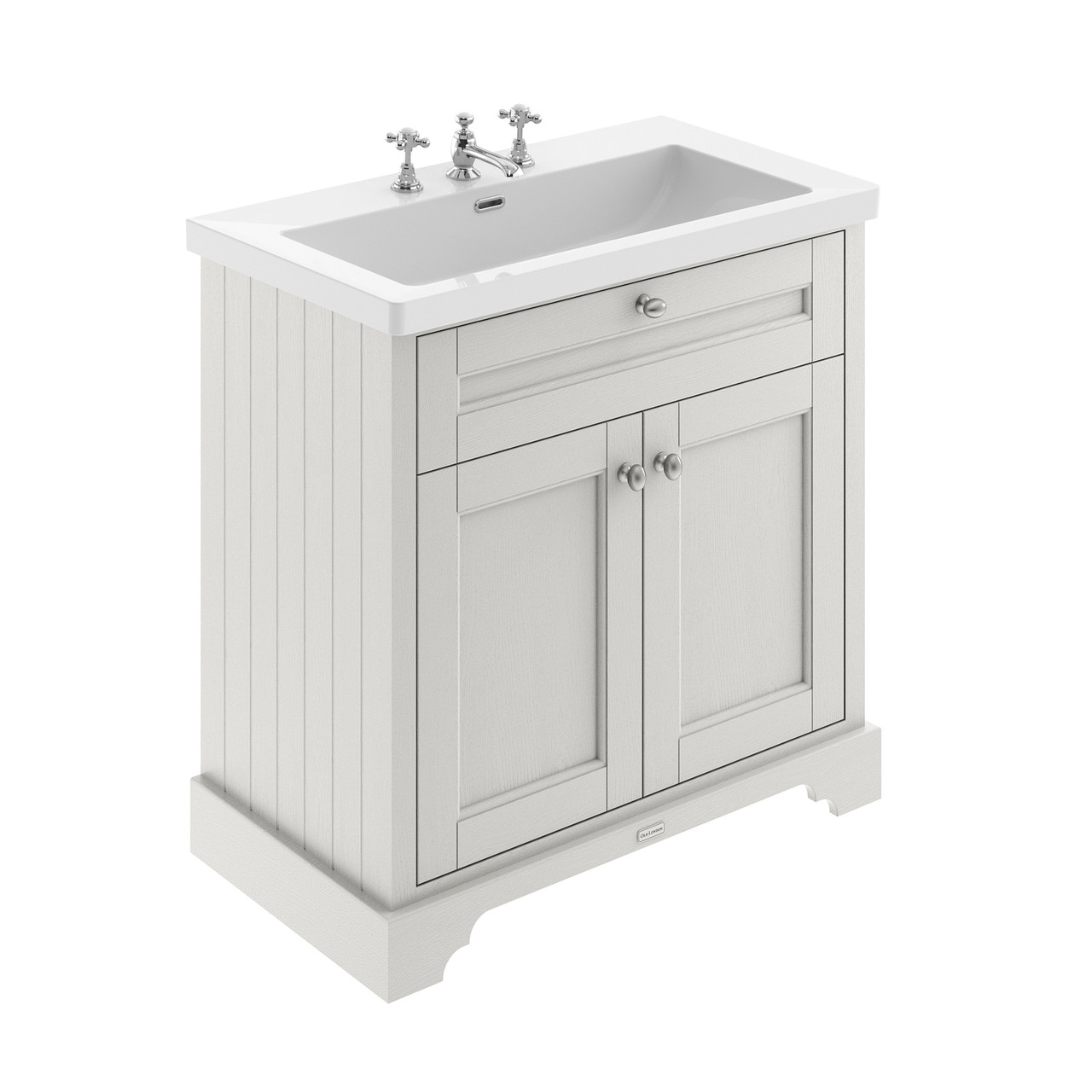 Old London Woodgrain 2 Door Vanity Unit and Minimalist 3 Tap Hole Fireclay Basin