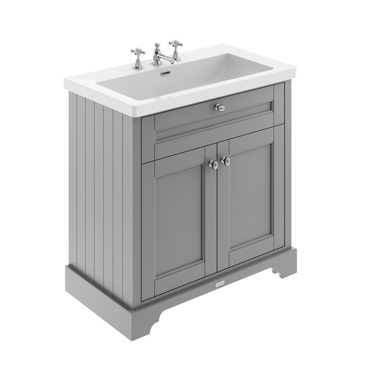 Old London Woodgrain 2 Door Vanity Unit and Minimalist 3 Tap Hole Fireclay Basin