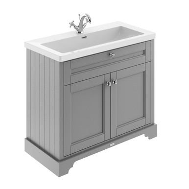 Old London Storm Grey Woodgrain 2 Door Vanity Unit And Minimalist Fireclay Basin | | Mdf | 1000Mm