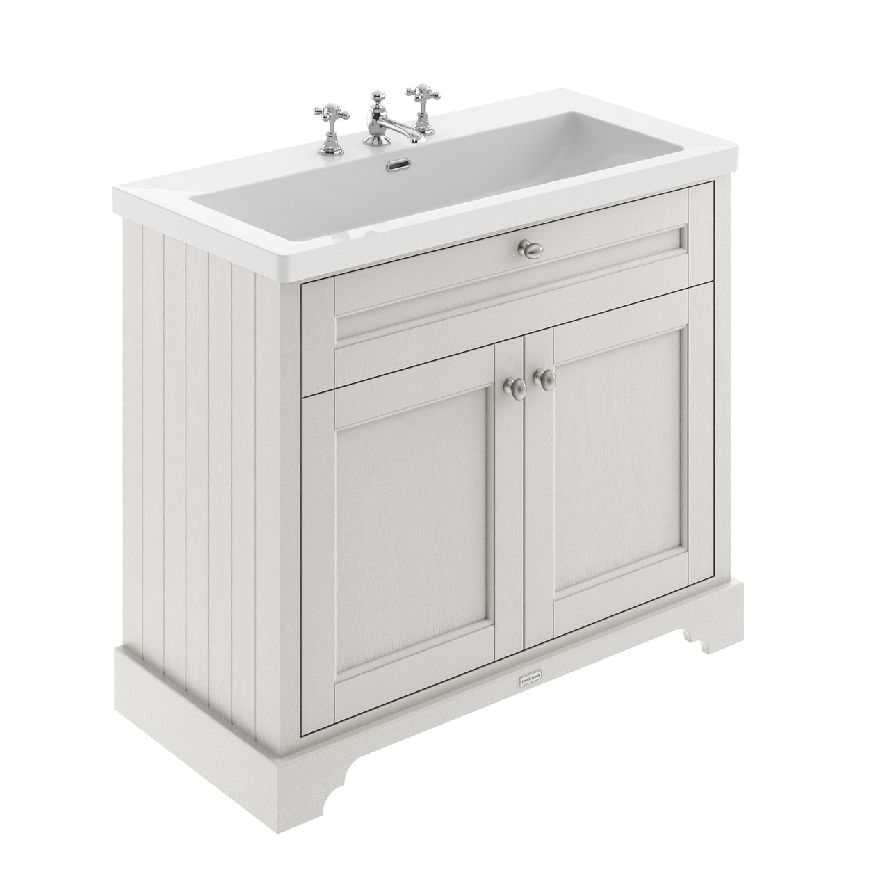 Old London Woodgrain 2 Door Vanity Unit and Minimalist 3 Tap Hole Fireclay Basin