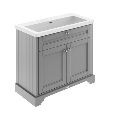 Old London Storm Grey Woodgrain 2 Door Vanity Unit And Minimalist Fireclay Basin | | Mdf | 1000Mm