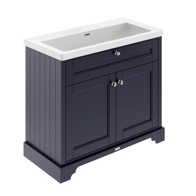 Old London Twilight Blue Woodgrain 2 Door Vanity Unit And Minimalist Fireclay Basin | | Mdf | 1000Mm