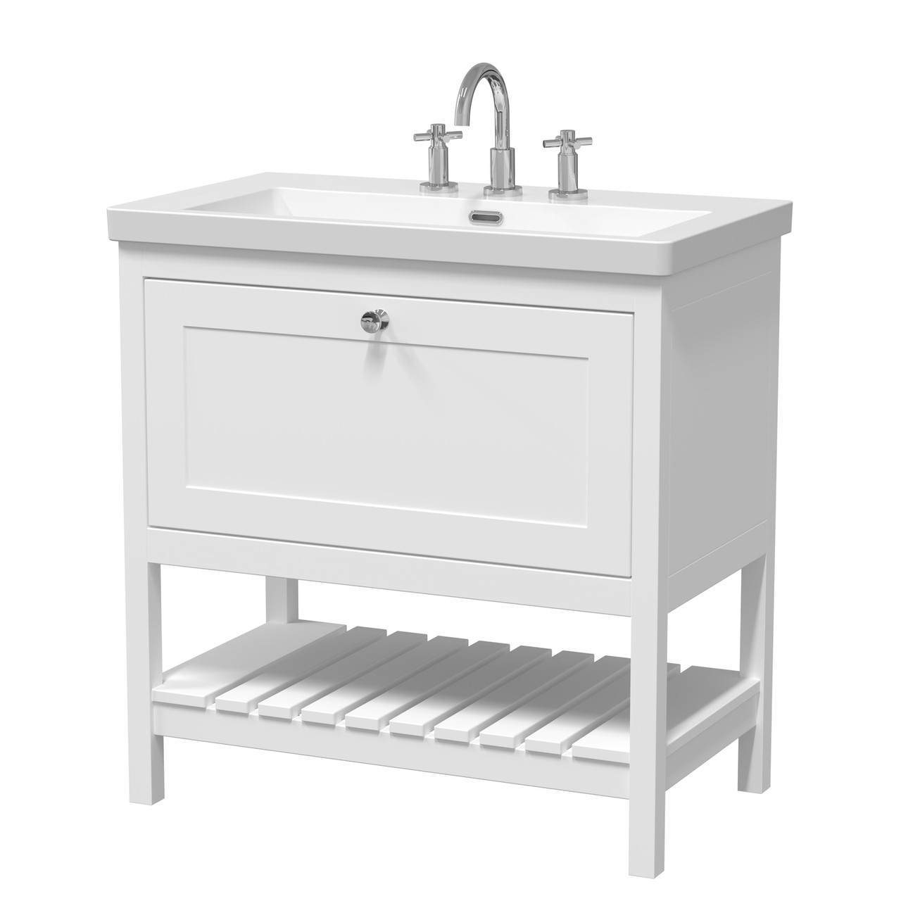Old London Bexley Matt Single Drawer Vanity Unit and Minimalist 3 Tap Hole Fireclay Basin