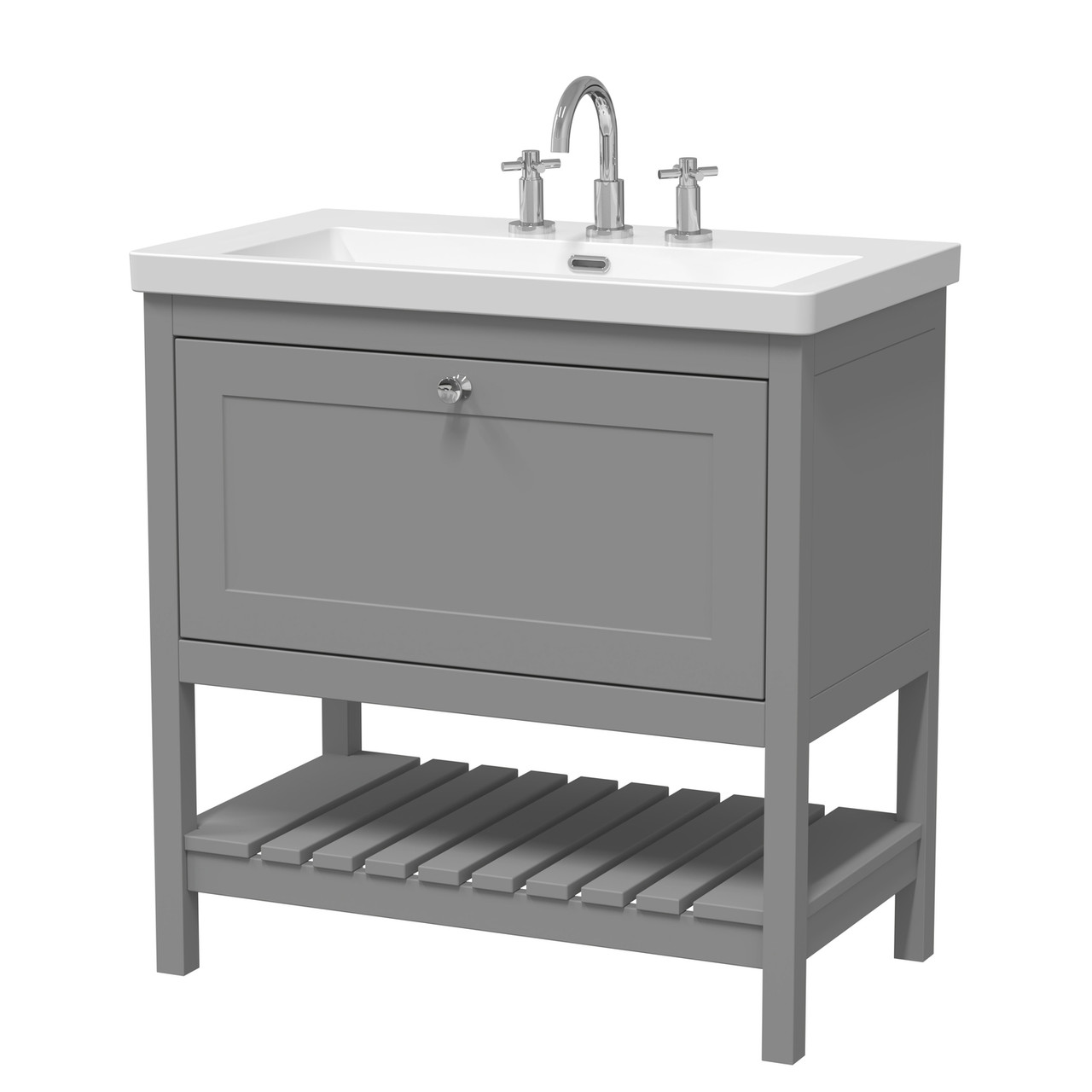 Old London Bexley Matt Single Drawer Vanity Unit and Minimalist 3 Tap Hole Fireclay Basin