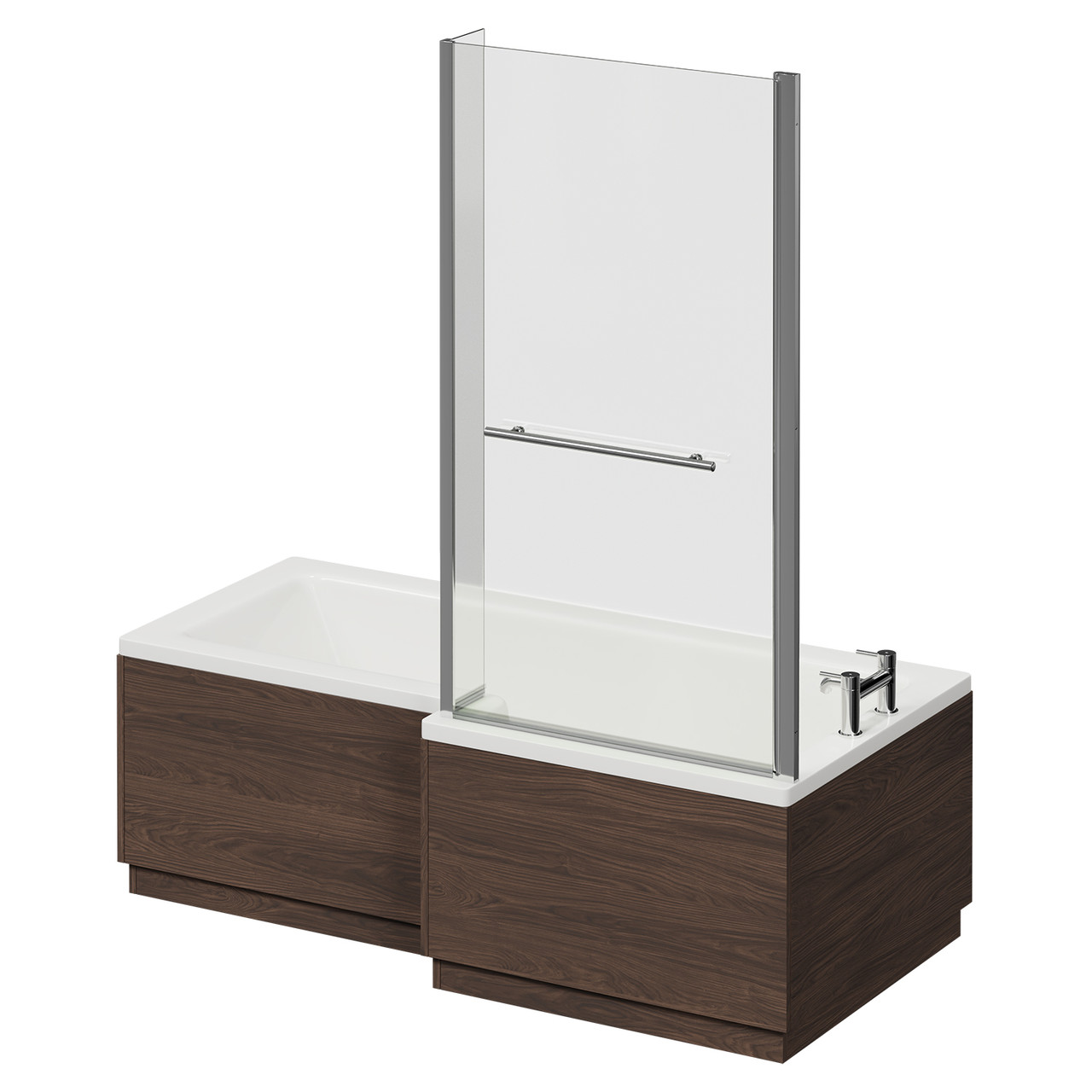 Loire Right Hand L Shaped Shower Bath with Towel Rail Bath Screen and Brown Oak Front and End Bath Panel