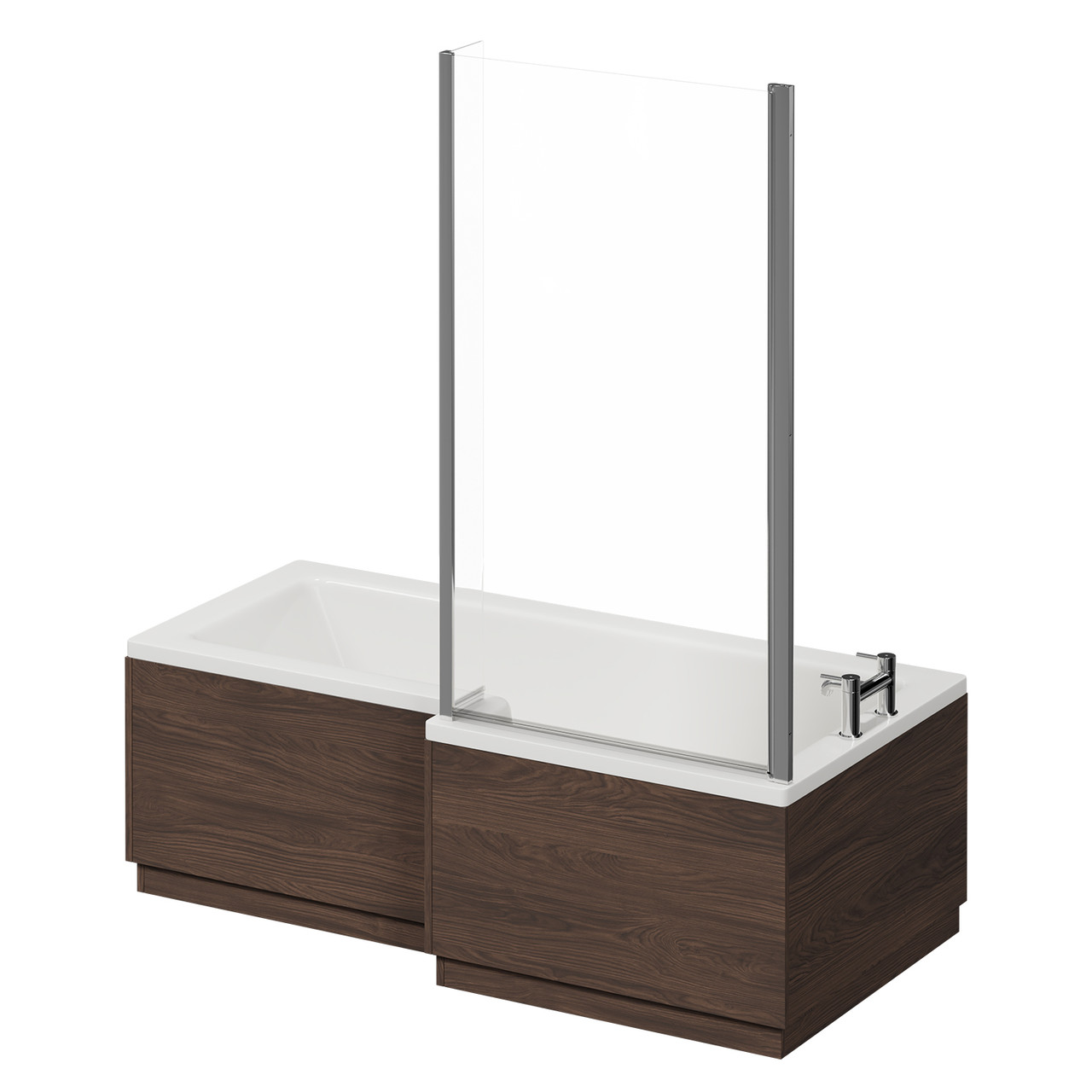 Loire Right Hand L Shaped Shower Bath with Bath Screen and Brown Oak Front and End Bath Panel