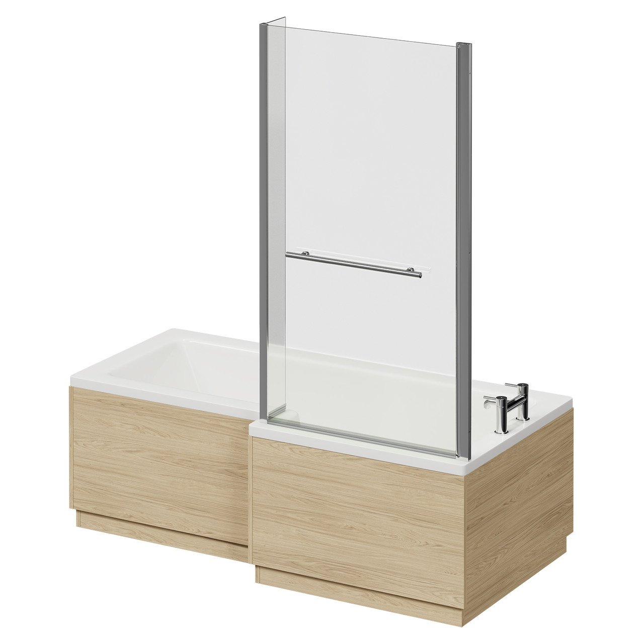 Loire Right Hand L Shaped Shower Bath with Towel Rail Bath Screen and Light Oak Front and End Bath Panel