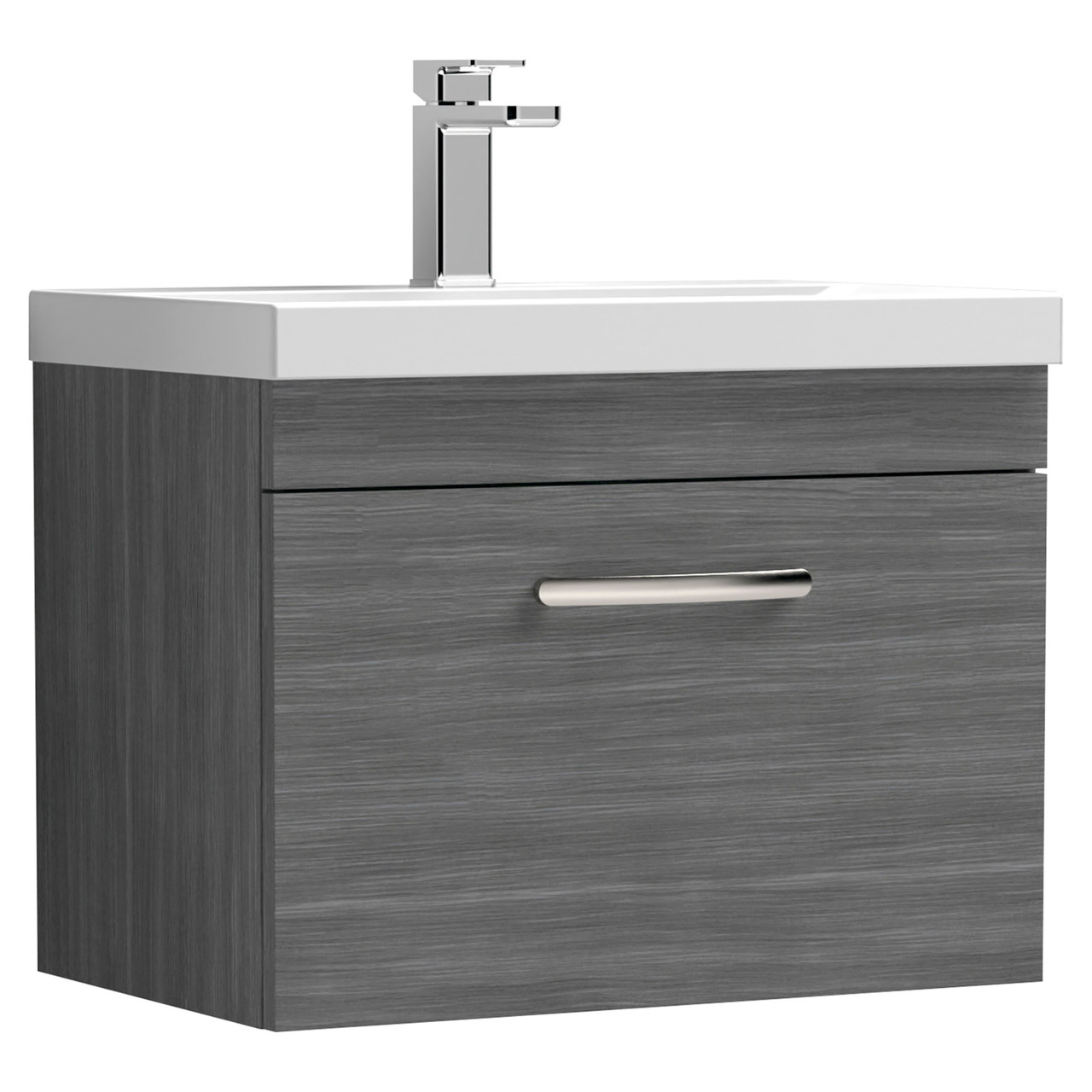 Nuie Athena Woodgrain Wall Hung Single Drawer Vanity Unit and Thin Edge Ceramic Basin