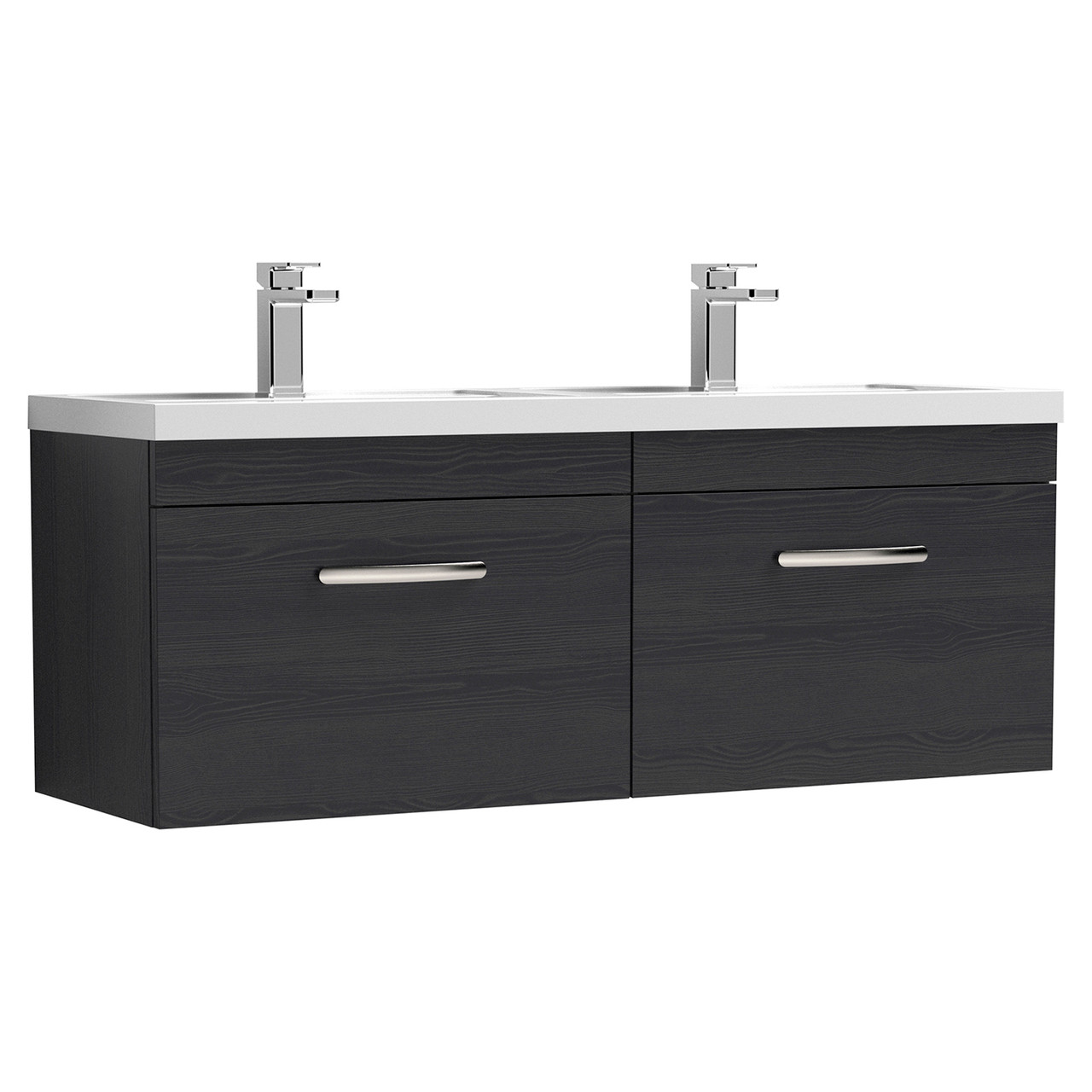 Nuie Athena Woodgrain Wall Hung 2 Drawer Vanity Unit and Double Polymarble Basins