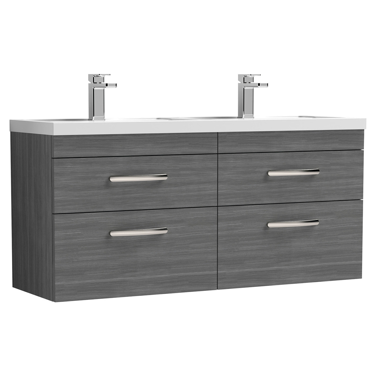 Nuie Athena Woodgrain Wall Hung 4 Drawer Vanity Unit and Double Polymarble Basins