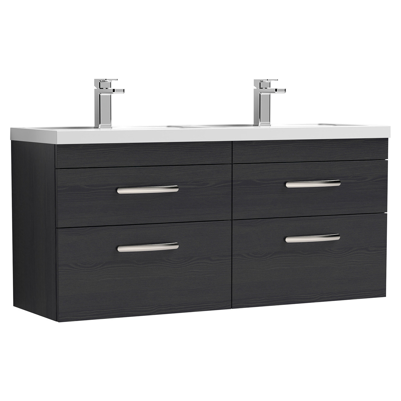 Nuie Athena Woodgrain Wall Hung 4 Drawer Vanity Unit and Double Polymarble Basins