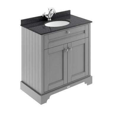 Old London Storm Grey Woodgrain Door Vanity Unit With Black Marble Coutnertop And Round Ceramic Basin | | Mdf | 800Mm Size 2