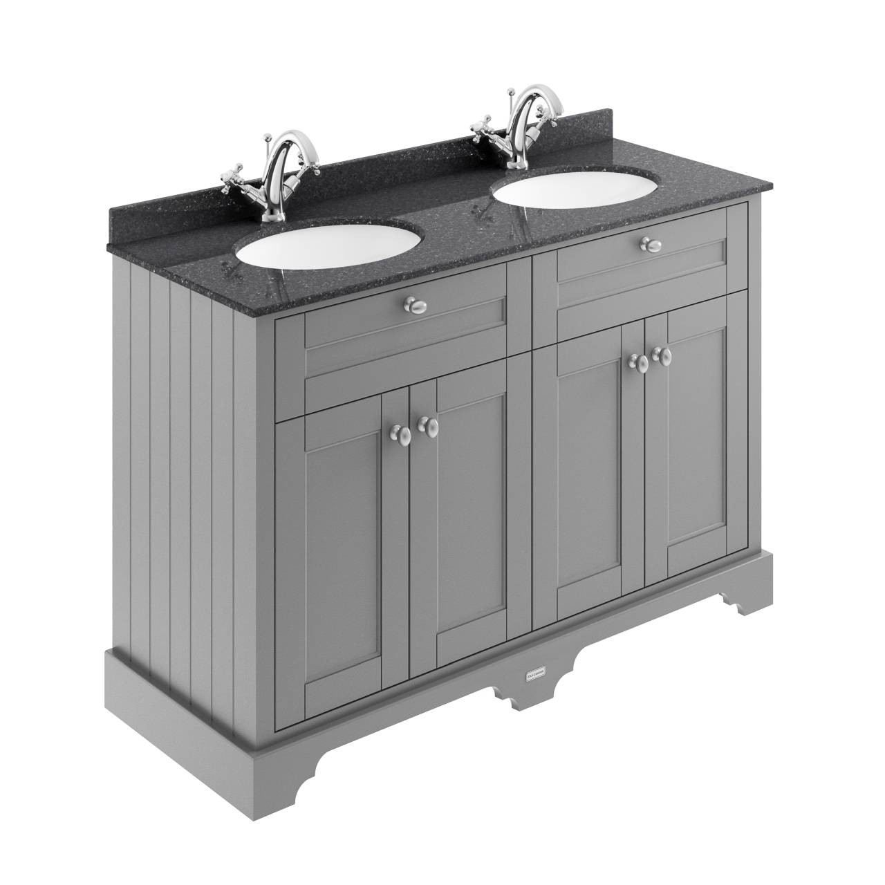 Old London Woodgrain 4 Door Vanity Unit with Black Marble Countertop and 2 Round Ceramic Basins