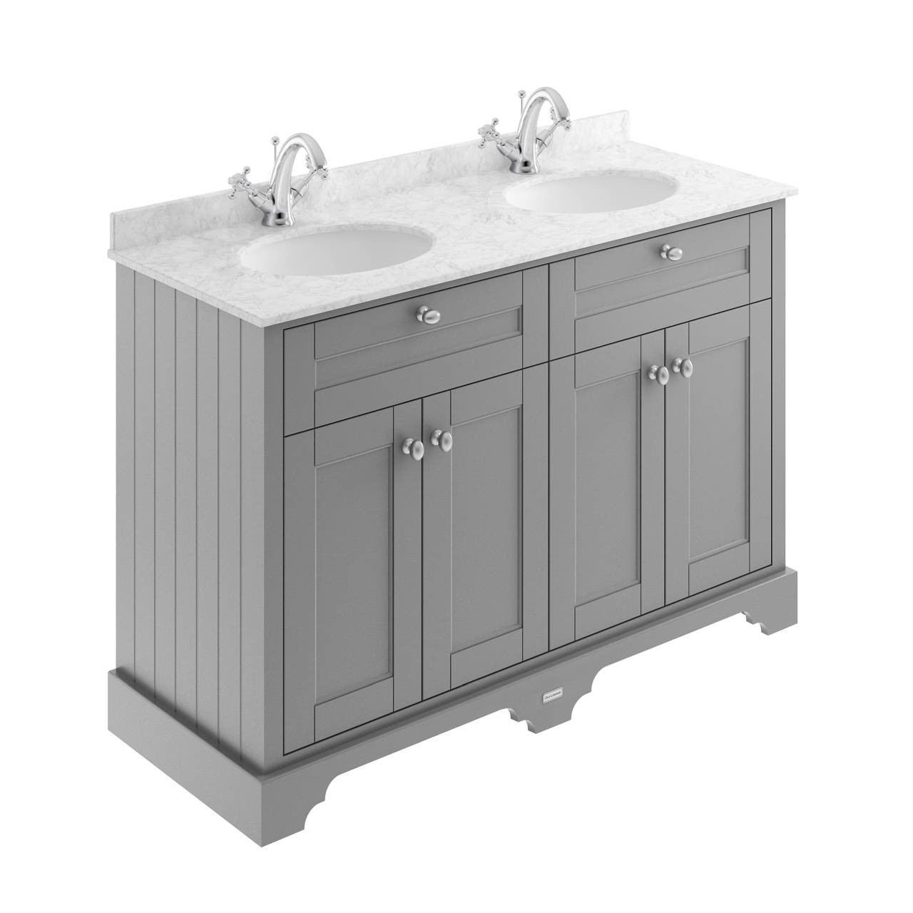 Old London Woodgrain 4 Door Vanity Unit with Grey Marble Countertop and 2 Round Ceramic Basins