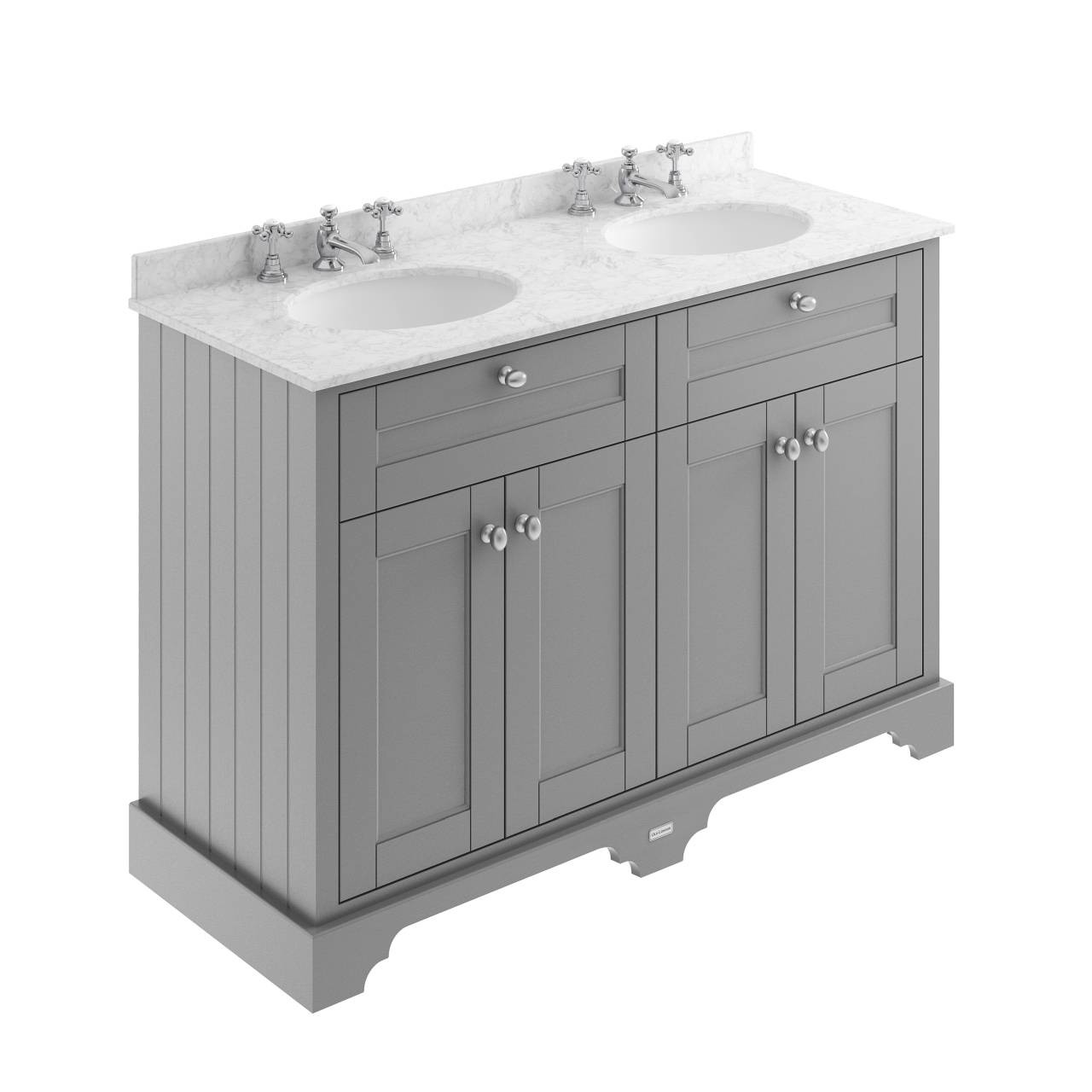 Old London Woodgrain 4 Door Vanity Unit with Grey Marble Countertop and 2 Round Ceramic 3 Tap Hole Basins
