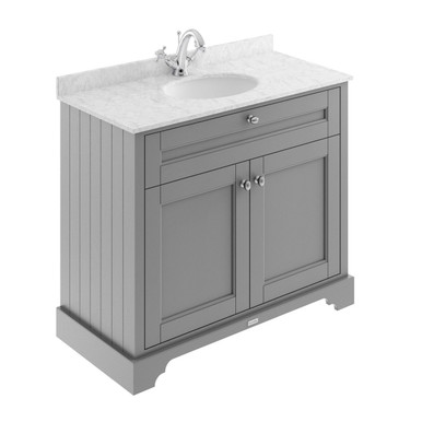 Old London Storm Grey Woodgrain Door Vanity Unit With Grey Marble Coutnertop And Round Ceramic Basin | | Mdf | 1000Mm Size 2