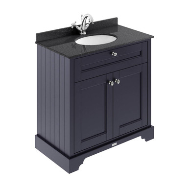 Old London Twilight Blue Woodgrain Door Vanity Unit With Black Marble Coutnertop And Round Ceramic Basin | | Mdf | 800Mm Size 2