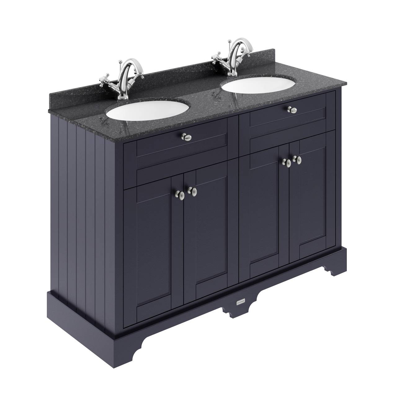 Old London Woodgrain 4 Door Vanity Unit with Black Marble Countertop and 2 Round Ceramic Basins