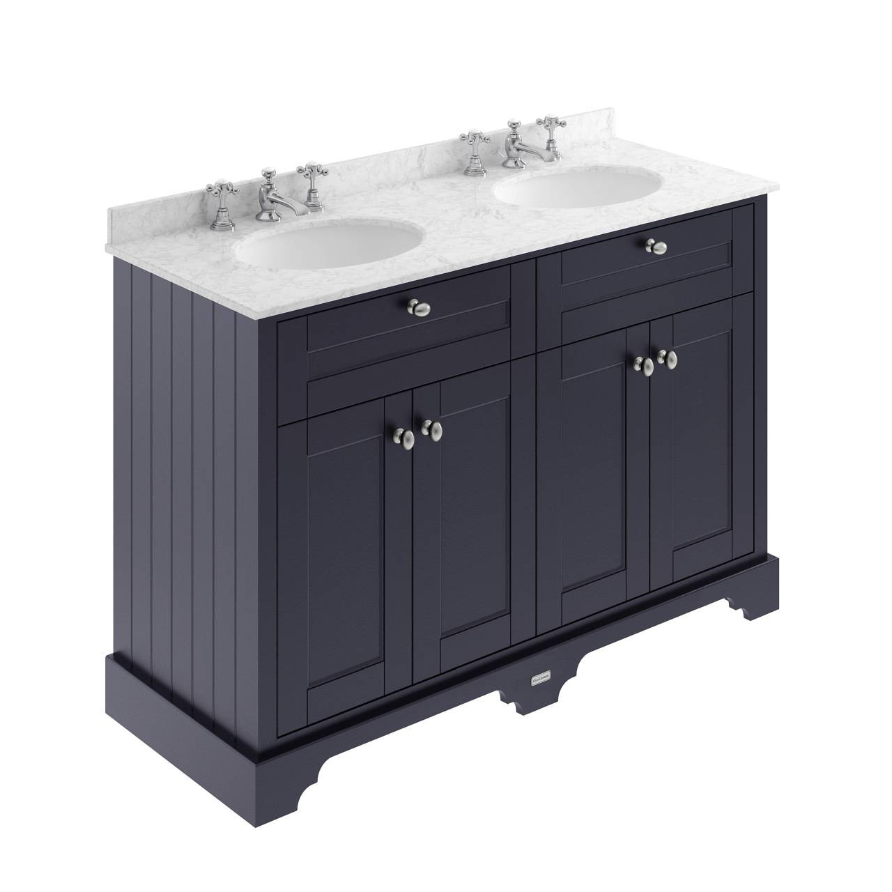 Old London Woodgrain 4 Door Vanity Unit with Grey Marble Countertop and 2 Round Ceramic 3 Tap Hole Basins