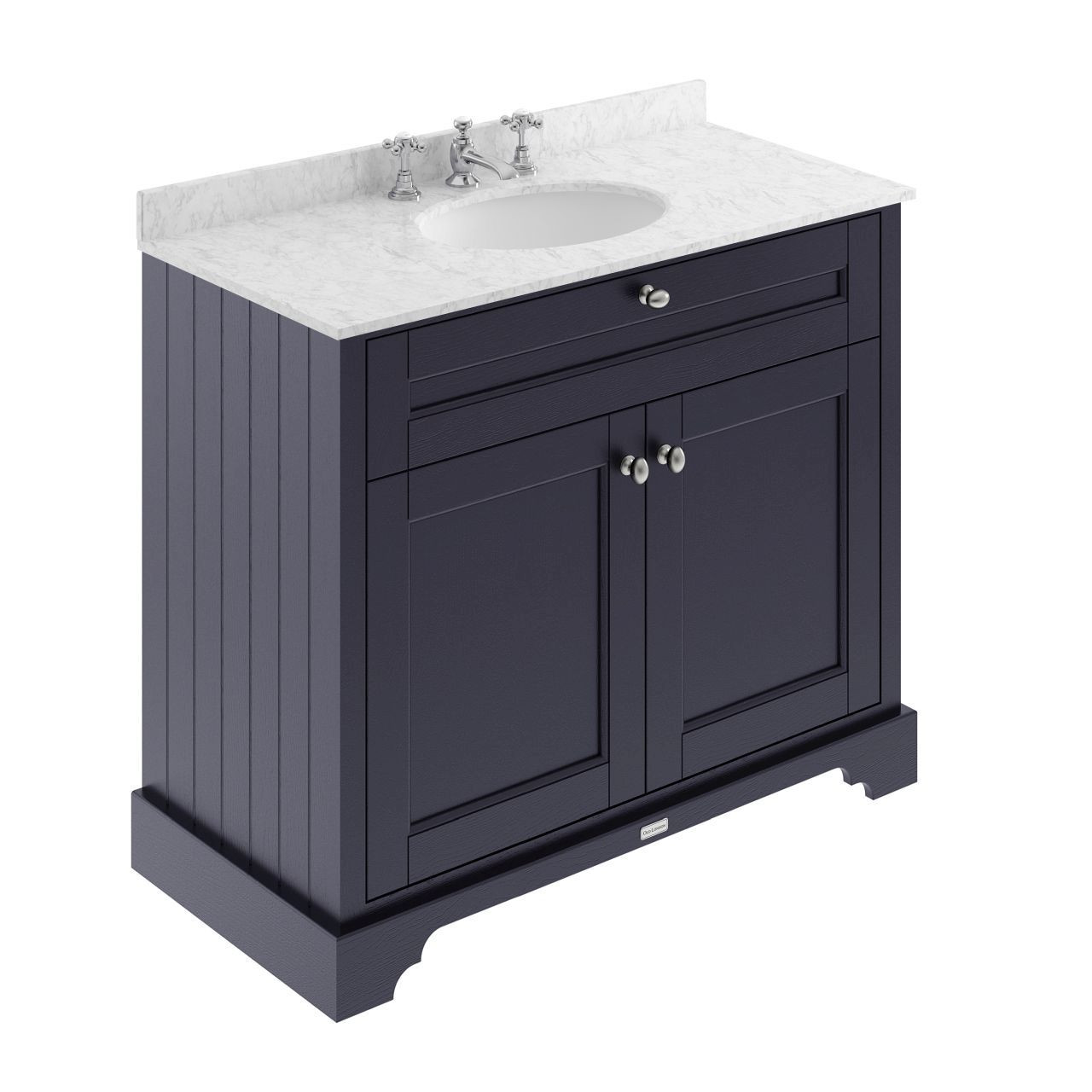 Old London Woodgrain 2 Door Vanity Unit with Grey Marble Countertop and Round Ceramic 3 Tap Hole Basin