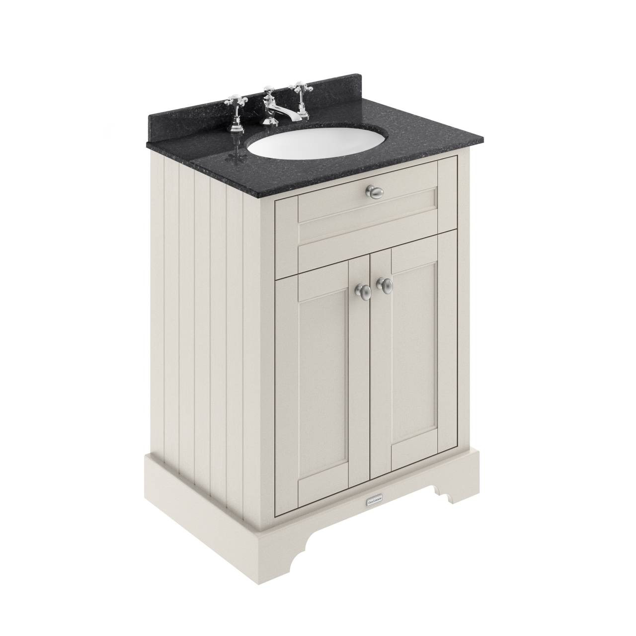 Old London Woodgrain 2 Door Vanity Unit with Black Marble Countertop and Round Ceramic 3 Tap Hole Basin