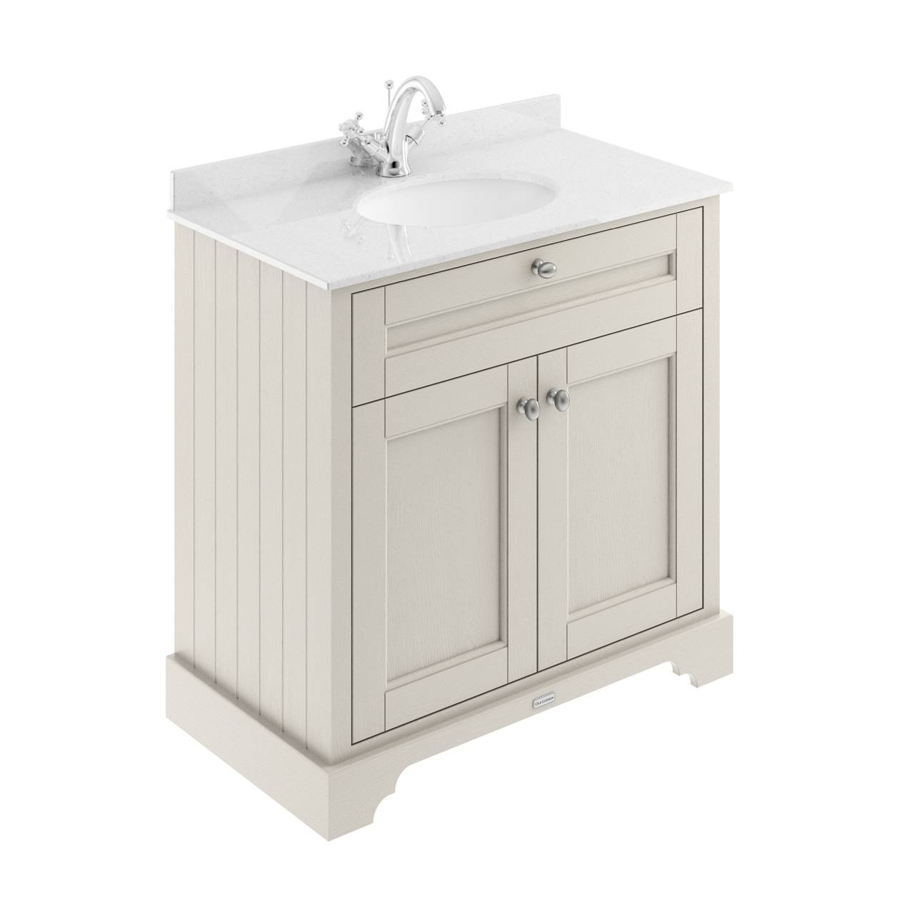 Old London Woodgrain 2 Door Vanity Unit with White Marble Countertop and Round Ceramic Basin