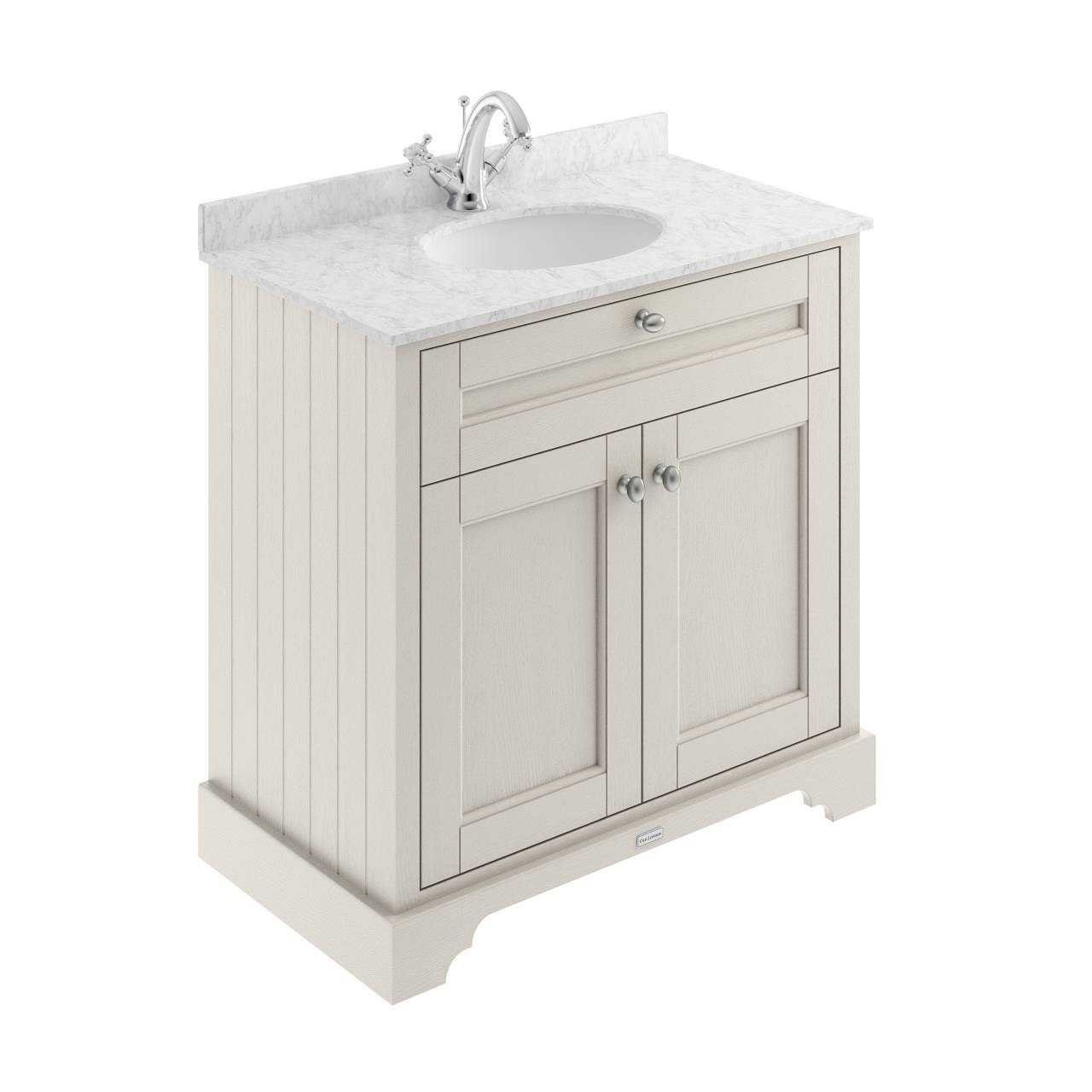 Old London Woodgrain 2 Door Vanity Unit with Grey Marble Countertop and Round Ceramic Basin