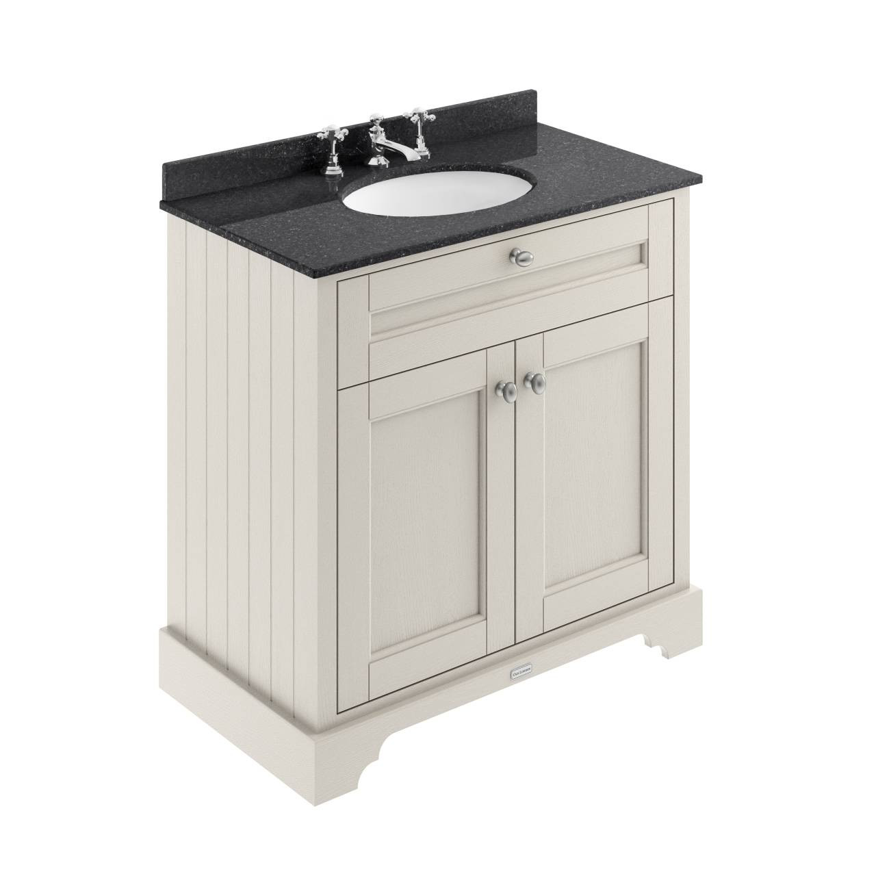 Old London Woodgrain 2 Door Vanity Unit with Black Marble Countertop and Round Ceramic 3 Tap Hole Basin