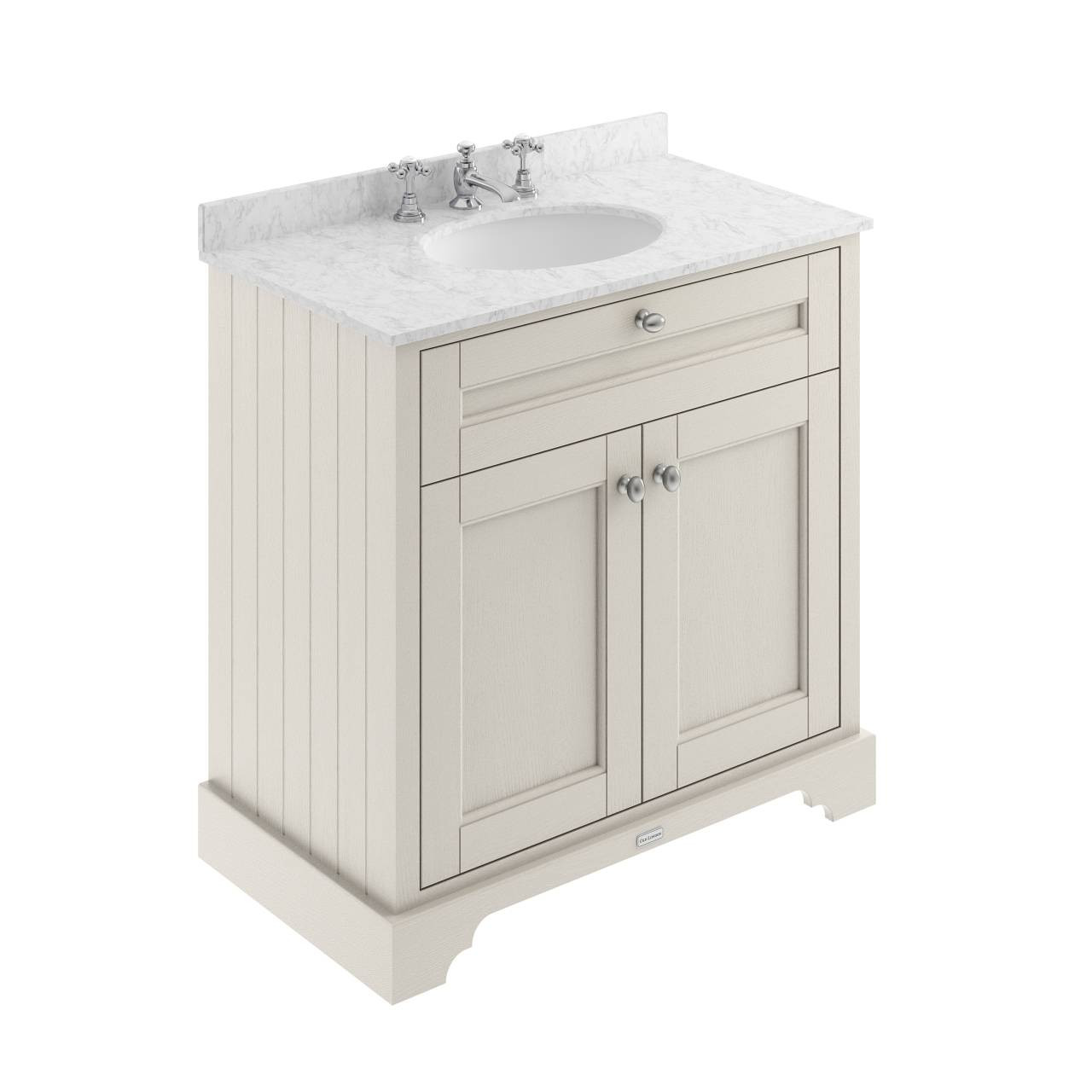 Old London Woodgrain 2 Door Vanity Unit with Grey Marble Countertop and Round Ceramic 3 Tap Hole Basin