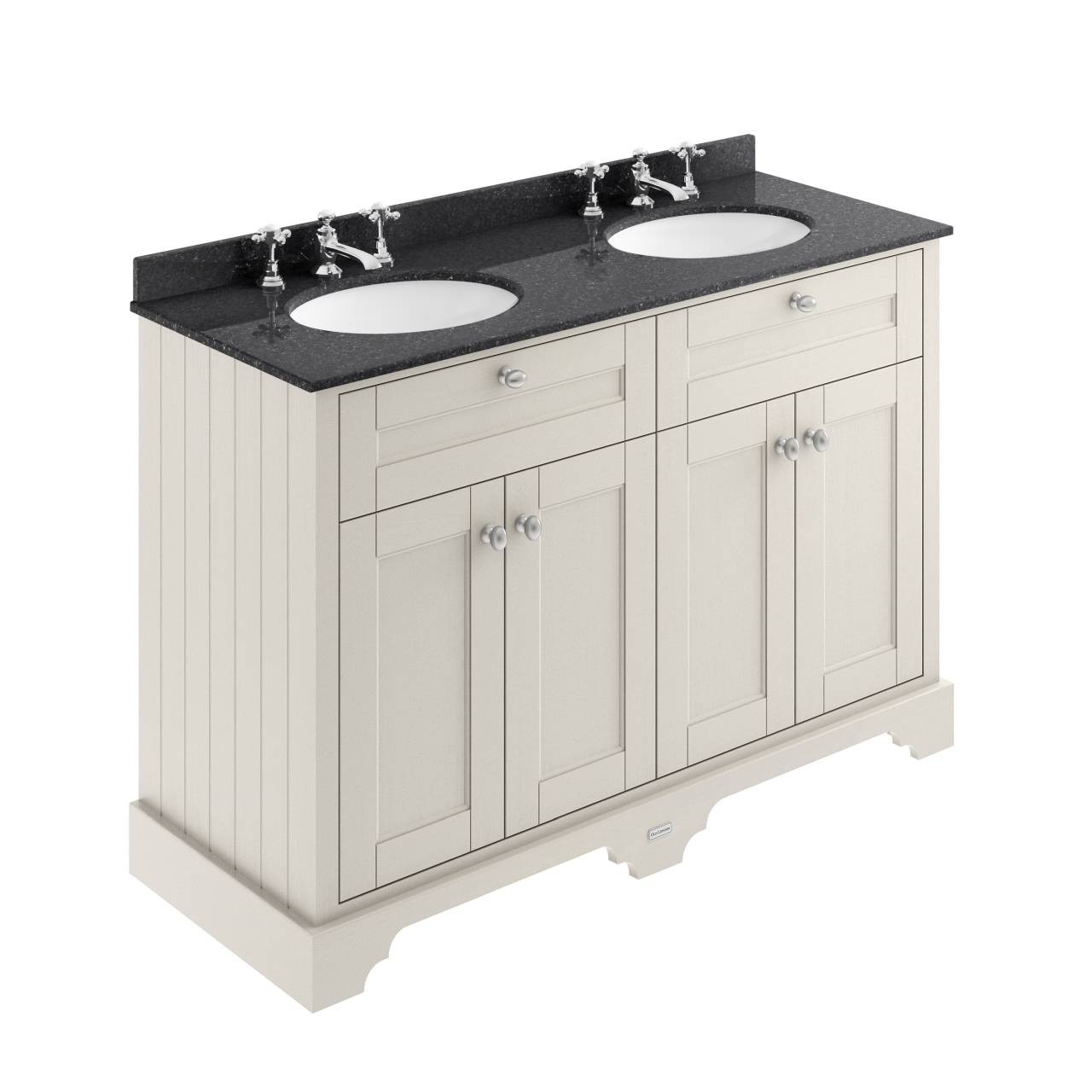Old London Woodgrain 4 Door Vanity Unit with Black Marble Countertop and 2 Round Ceramic 3 Tap Hole Basins