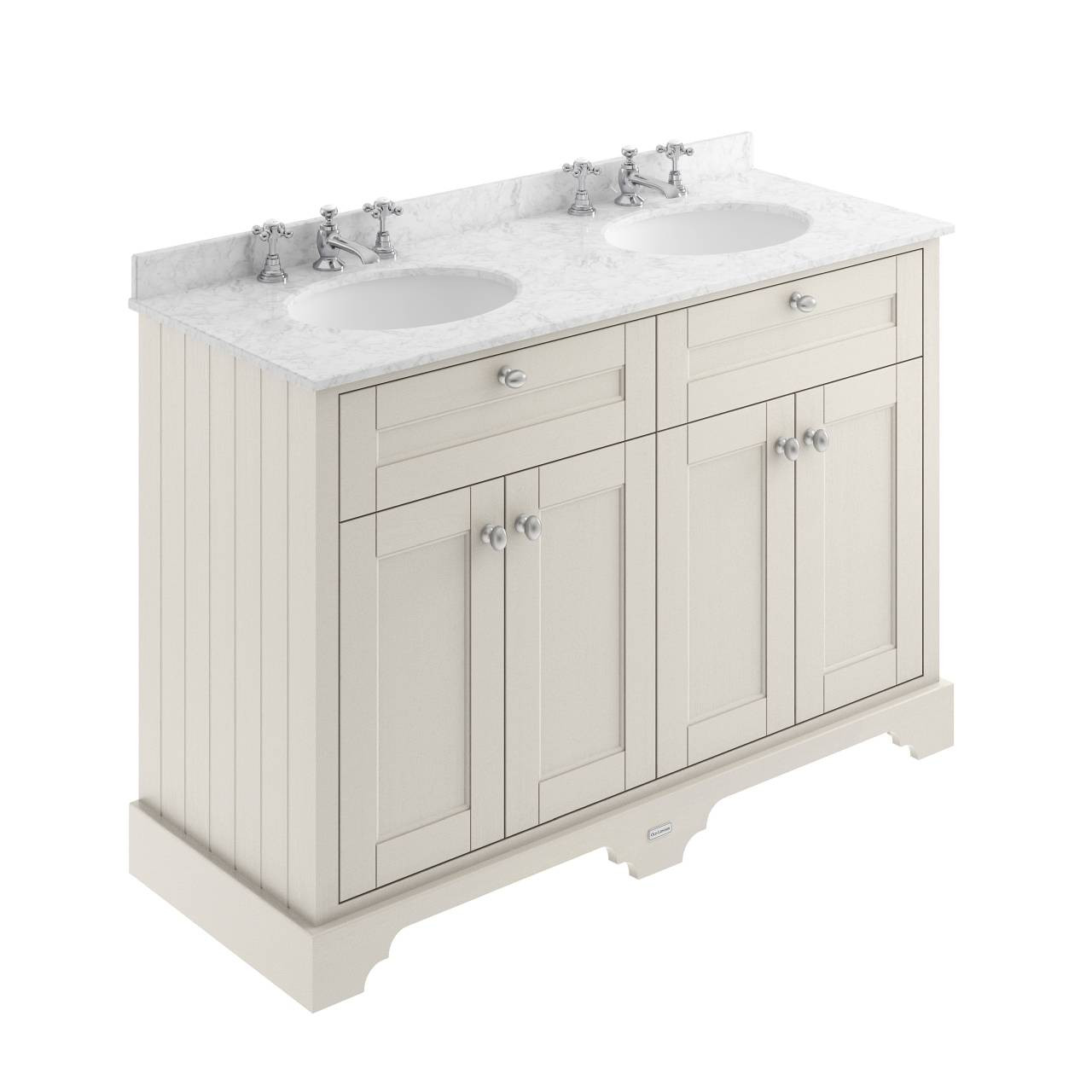 Old London Woodgrain 4 Door Vanity Unit with Grey Marble Countertop and 2 Round Ceramic 3 Tap Hole Basins