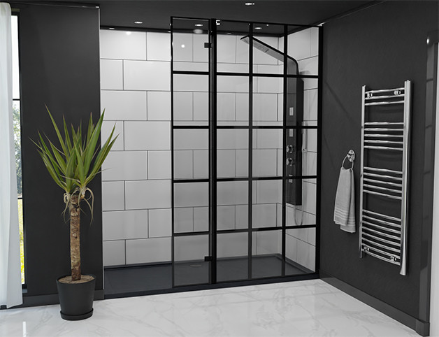 Colore 8mm Clear Glass Crittall Frame Walk In Shower Hinged Return Screen