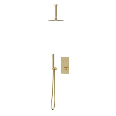 Colore Chrome Brushed Brass Concealed Push Button Twin Thermostatic Shower Valve Including Round Fixed Shower Head | | Stainless Steel | 200Mm