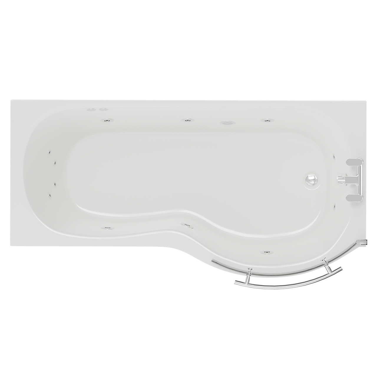 Plage 12 Jet Chrome Flat Jet Right Hand P Shape Whirlpool Shower Bath with Towel Rail Bath Screen and Front Bath Panel