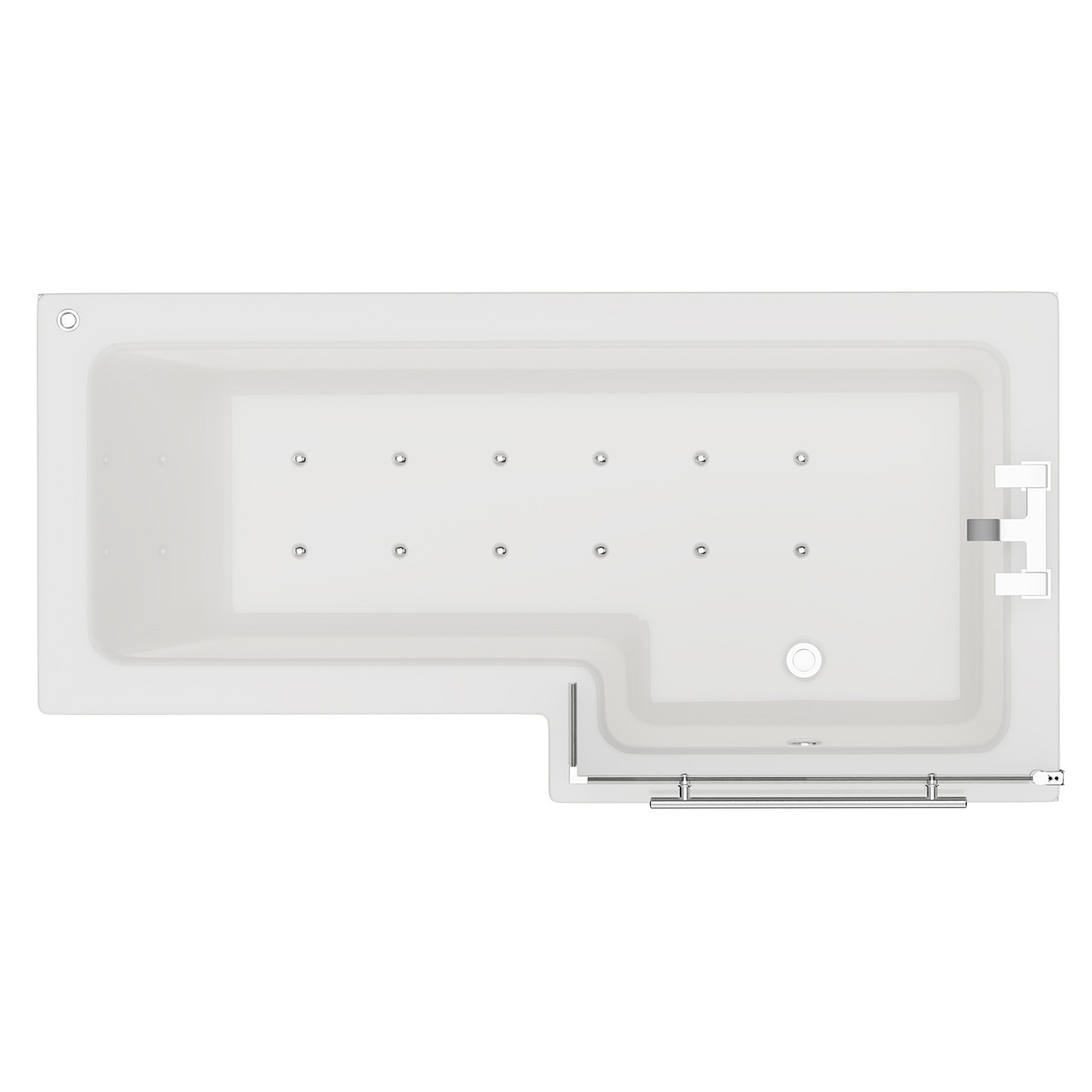Loire 12 Jet Chrome Easifit Right Hand L Shaped Spa Shower Bath with Towel Rail Bath Screen and Front Bath Panel