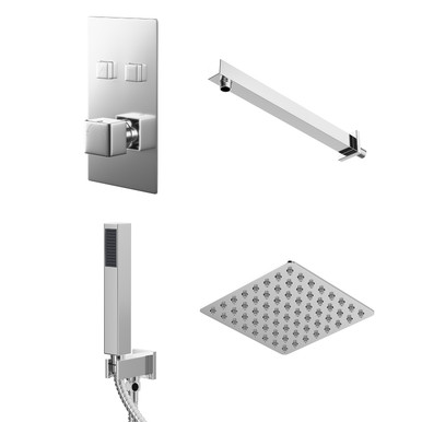 Wholesale Domestic Chrome Cubix Polished Concealed Push Button Twin Thermostatic Shower Valve Including Square Fixed Shower Head And Square Shower Outlet Holder | | Stainless Steel | 120Mm X 215Mm X 70Mm