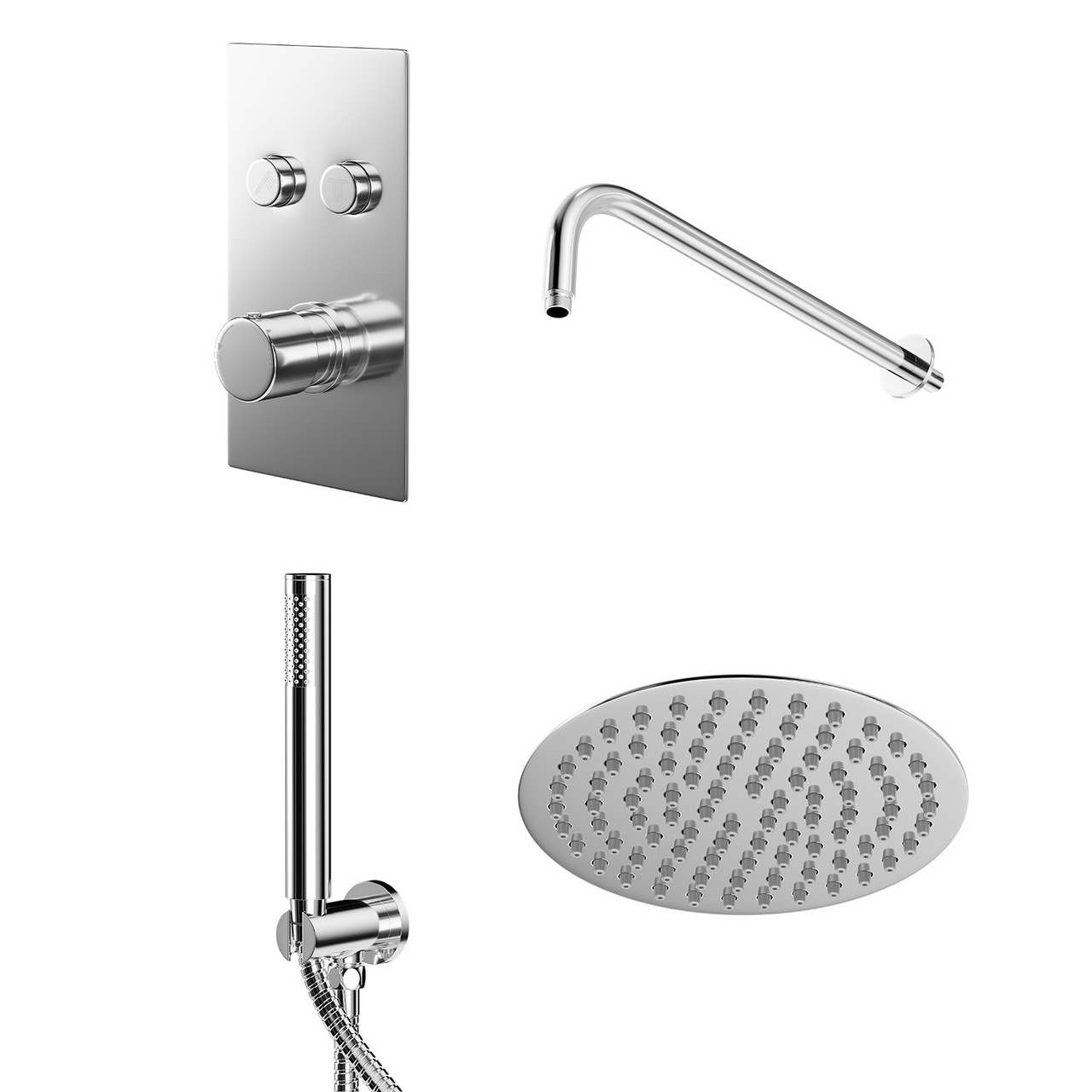Circo Polished Concealed Push Button Twin Thermostatic Shower Valve Including Round Fixed Shower Head and Round Shower Outlet Holder