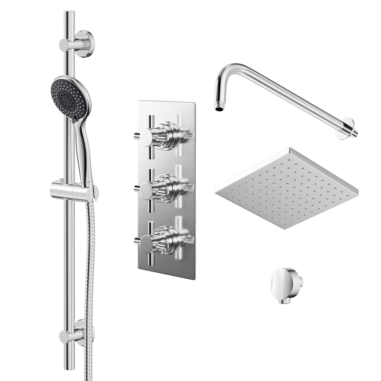 Cross Polished Triple Thermostatic Valve Mixer Shower with Square Fixed Head and Clyde Shower Slide Rail Kit